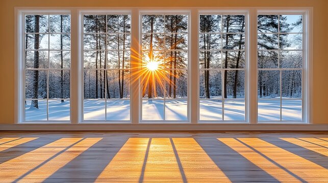 Fototapeta A view of a snowy winter landscape through a large window, casting long shadows onto the hardwood floor inside