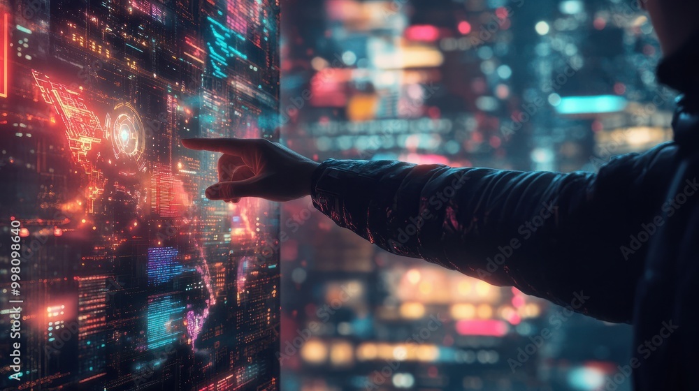 Aufkleber a person is pointing at a digital screen with a city in the background. this image can be used to re