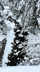 Jiezerskie Mountains in Poland. Low mountains covered with snow and forest. Landscape