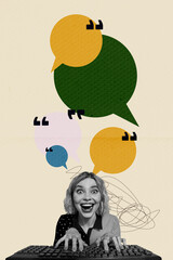Composite trend artwork sketch image collage of young lady hand type keyboard chatting speech cloud...