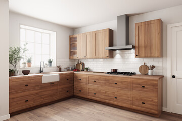 The modern wooden kitchen design showcases elegant finishes that elevate the overall space ambiance