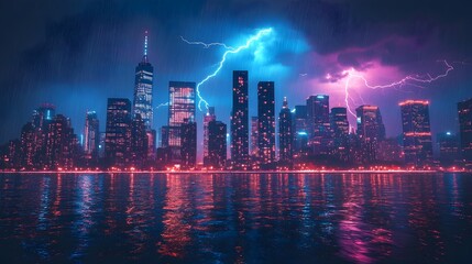 Fototapeta premium Dazzling City Skyline Lit by Dramatic Lightning Strikes at Night