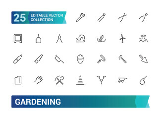Gardening line icon set. Related to landscaping, farming. Gradening equipment icons. Linear icon collection. Editable stroke icons set. Vector illustration
