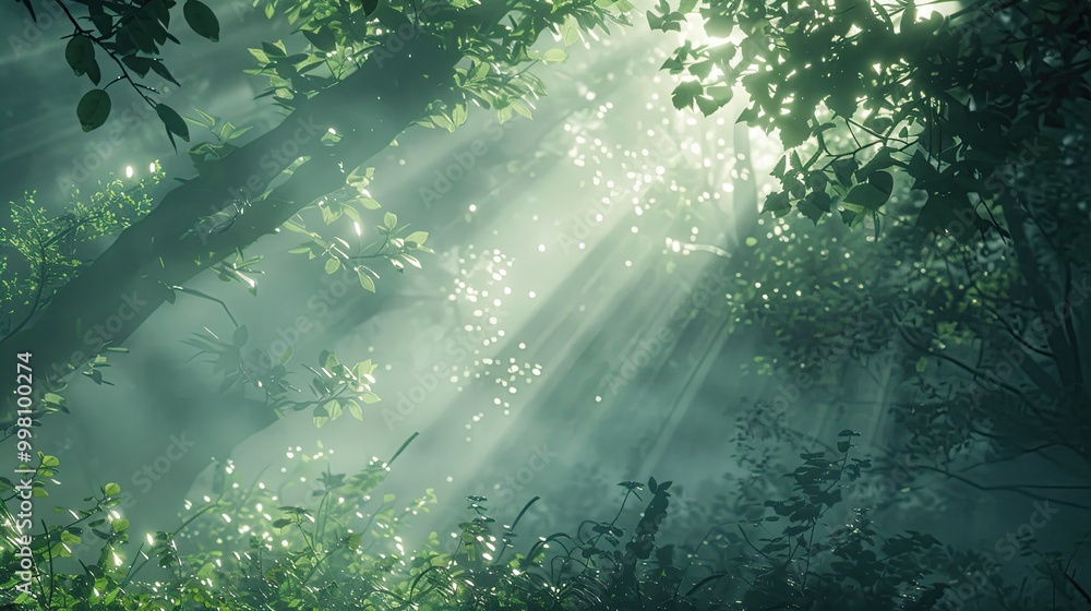 Poster a dense forest blanketed in fog, with rays of sunlight piercing through the mist, creating an ethere