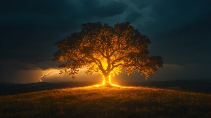 Fototapeta premium Dramatic Lightning Bolt Striking Solitary Oak Tree on Hill During Storm