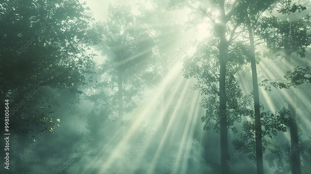 Poster a dense forest blanketed in fog, with rays of sunlight piercing through the mist, creating an ethere