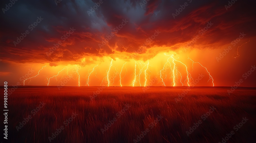 Poster dramatic time lapse of multiple lightning strikes across a vast open field