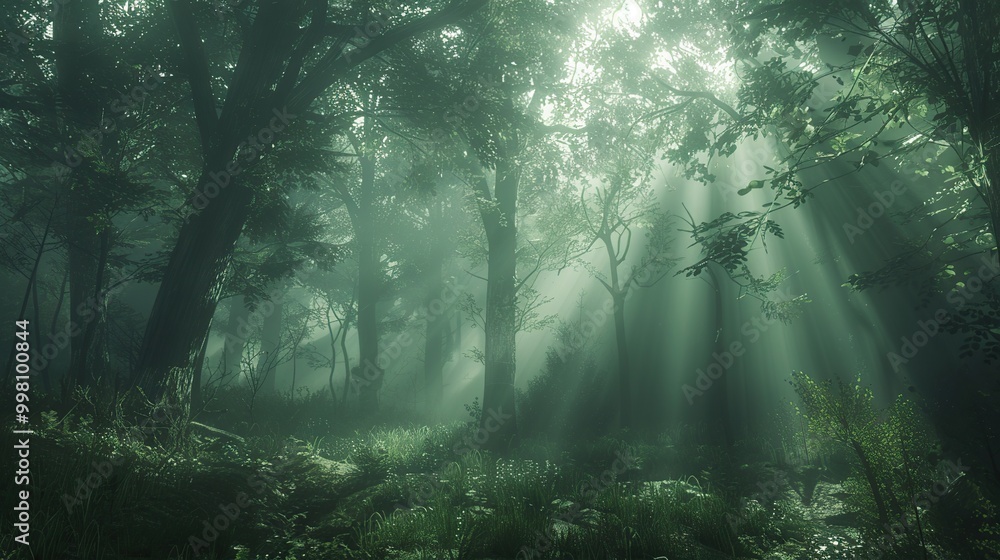 Poster a dense forest blanketed in fog, with rays of sunlight piercing through the mist, creating an ethere
