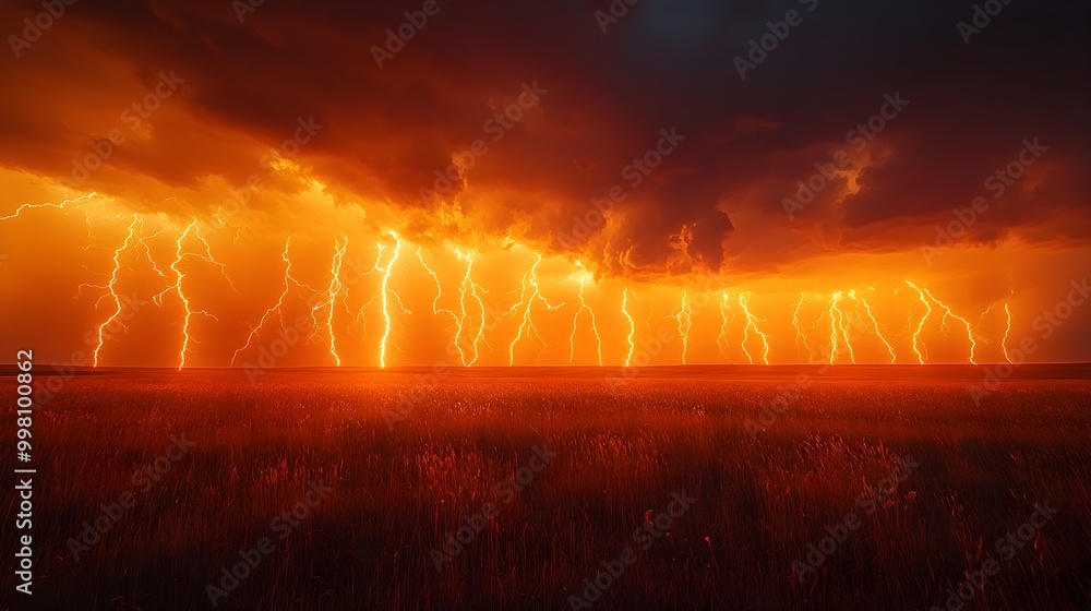 Poster mesmerizing time lapse of electrifying lightning illuminating a serene countryside field