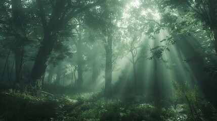 A dense forest blanketed in fog, with rays of sunlight piercing through the mist, creating an ethereal and contemplative atmosphere
