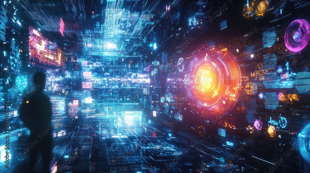 Poster an abstract representation of digital transformation, where virtual data flows and ai elements conve