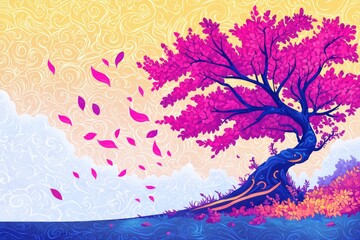 Whimsical Pink Tree with Falling Petals