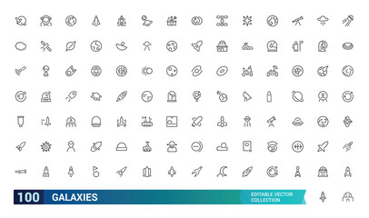 Set of galaxies related line icons. Planet earth, alien and more. Editable stroke. Pixel perfect. Outline icons collection. Editable stroke icons set.