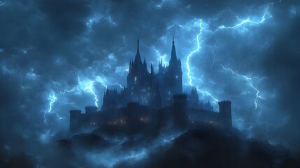 Dramatic Gothic Castle Illuminated by Thunderstorm Lightning