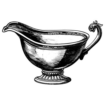 recommend clip art: カレーを入れるグレイビーボートの銅版画のベクターイラスト。