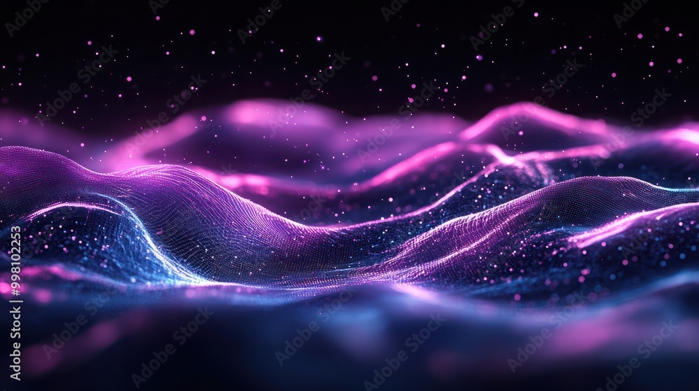 Poster blue purple wave line light gradient dark background. abstract technology big data digital backgroun