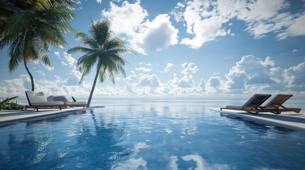 Fototapeta premium Breathtaking ocean views, a sparkling blue pool under a cloud-dotted sky. Escape to a tropical paradise in the Maldives, where you can unwind on comfortable chairs and loungers amidst palm trees.