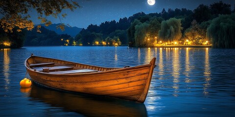 Obraz premium A wooden boat peacefully rests on the tranquil lake, illuminated by the soft glow of the moon and stars, casting a magical spell over the water.