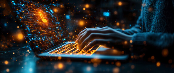 Cybersecurity Concept with Hands Typing on a Laptop Keyboard Surrounded by Digital Data and Security Icons, Representing Information Security, Online Protection, and Data Encryption