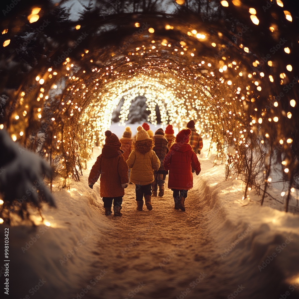 Sticker Children walk through a snowy tunnel of Christmas lights.