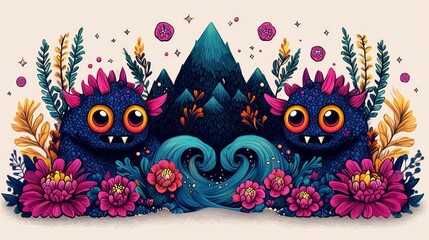 Cute Monster in a Floral Paradise