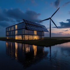 Fototapeta premium A modern eco-friendly house featuring solar panels and a wind turbine. Set against a tranquil evening sky, this innovative building reflects sustainability and architectural beauty.