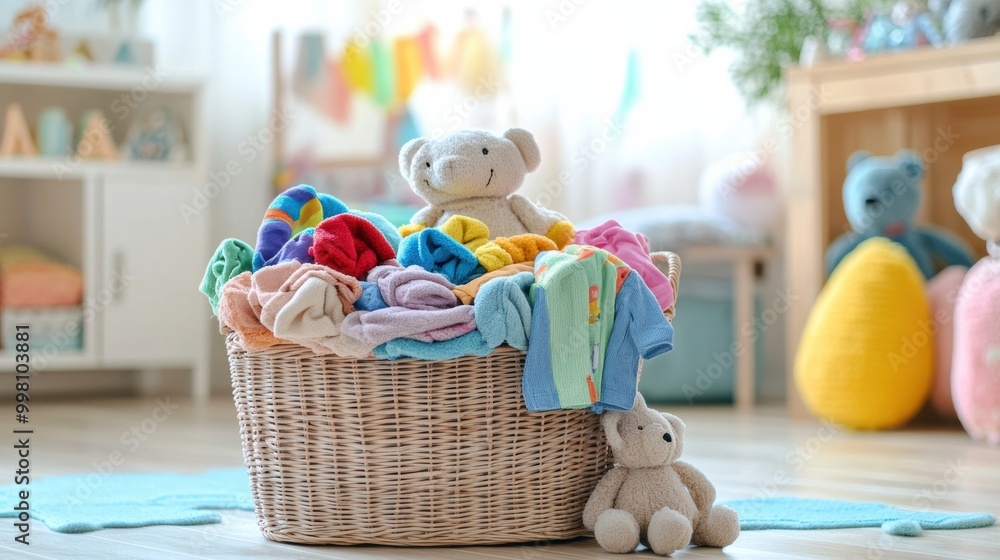 Aufkleber the laundry basket is filled with bright children's clothing and soft toys, creating a joyful atmosp