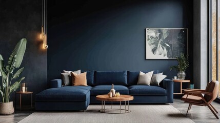 Dark blue sofa and recliner chair in scandinavian apartment. Interior design of modern living room. Created with generative
