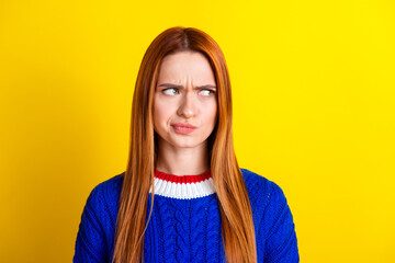 Photo portrait of pretty young girl look depressed sad empty space wear trendy blue knitwear outfit...