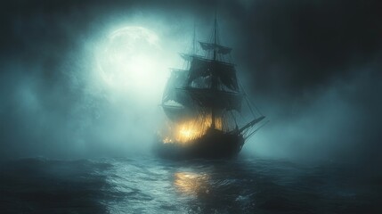 Ghost Ship Sailing Through the Mist