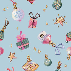 Hand-drawn seamless pattern featuring Christmas toys and decorations, watercolor illustration set against a white background. Ideal for wrapping paper, covers, and textiles.