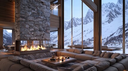 A modern ski lodge living room with a massive stone fireplace, deep plush sofas, and large windows that show snow-covered mountains