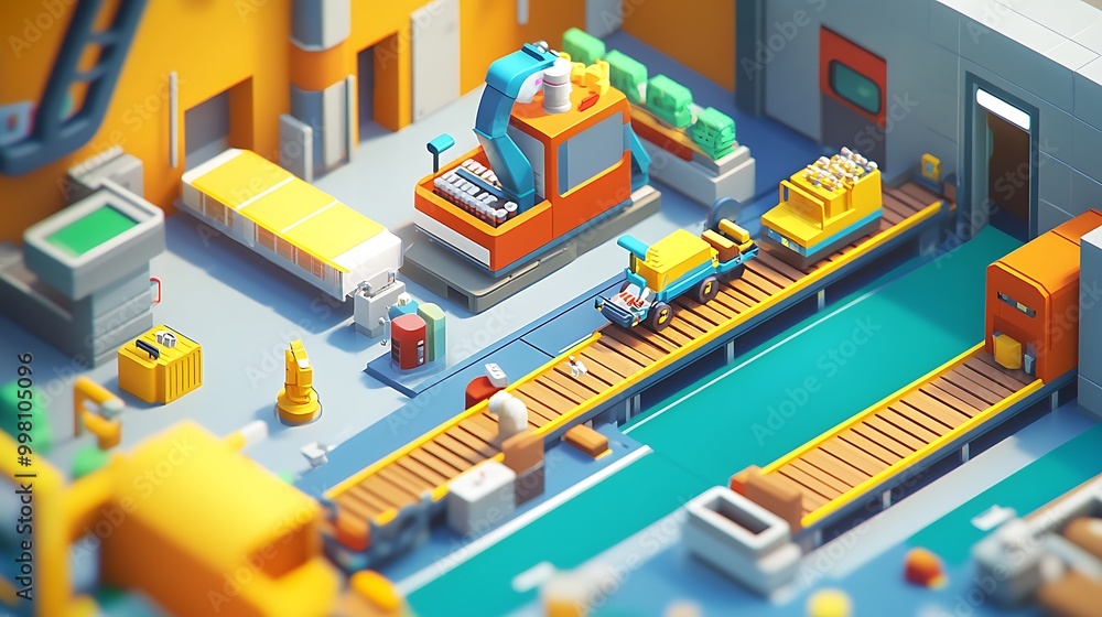 Poster a bustling industrial factory operating with precision robotics and modern machinery