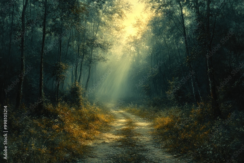 Canvas Prints A dirt road winds through a dense forest, with sunlight breaking through the canopy, creating a mystical atmosphere.