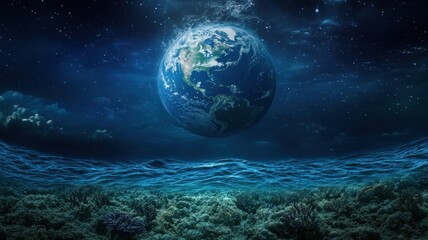 Planet Earth is floating over the ocean,Planet earth submerged and floating in sea,global warming and rising sea level,Global warming,sinking globe,melting iceberg,Climate change concept.