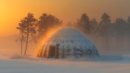 Obraz premium A snow-covered dome structure in a snowy forest with the warm glow of sunrise illuminating the scene.