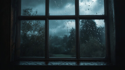 Gazing out a window adorned with raindrops, the stormy sky looms overhead, creating a dramatic and moody atmosphere.
