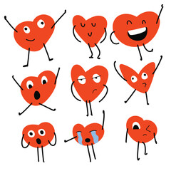set of popular heart cartoon character for red color isolated on white background. used to be mascot, logo, sticker