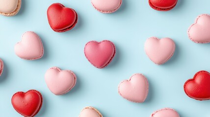 Fototapeta premium French sweet Strawberry Pink,red heart macaroons isolated on pink background. Pastry shop card with copy spacefrench macaroons,Paris Pastry,bakery and branding valentine couple concept,copy space.