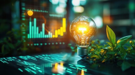 Green new deal: double exposure of light bulb and data chart symbolizing energy cost reduction and sustainability efforts