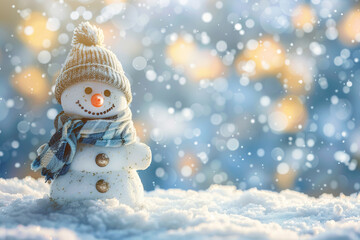 Obraz premium Christmas greeting card with bright winter holiday snowman and New Year background