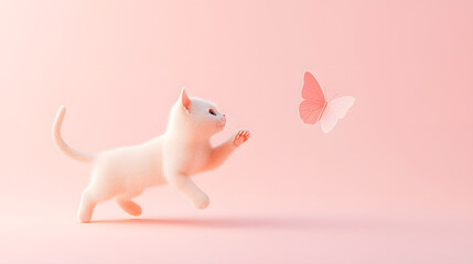 Fototapeta premium 3D minimal pastel kitten chasing a butterfly icon with smooth curves placed on a light background