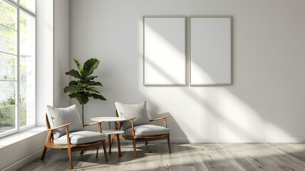 Fototapeta premium Interior of a minimalist living room with nordic design, chairs, and table with a blank image frame mockup on a white wall in a minimalistic modern interior room
