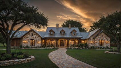 This Texas ranch home features a charming stone exterior with a metal roof, surrounded by lush greenery and a paved walkway leading to the entrance. The warm lighting creates a welcoming atmosphere.