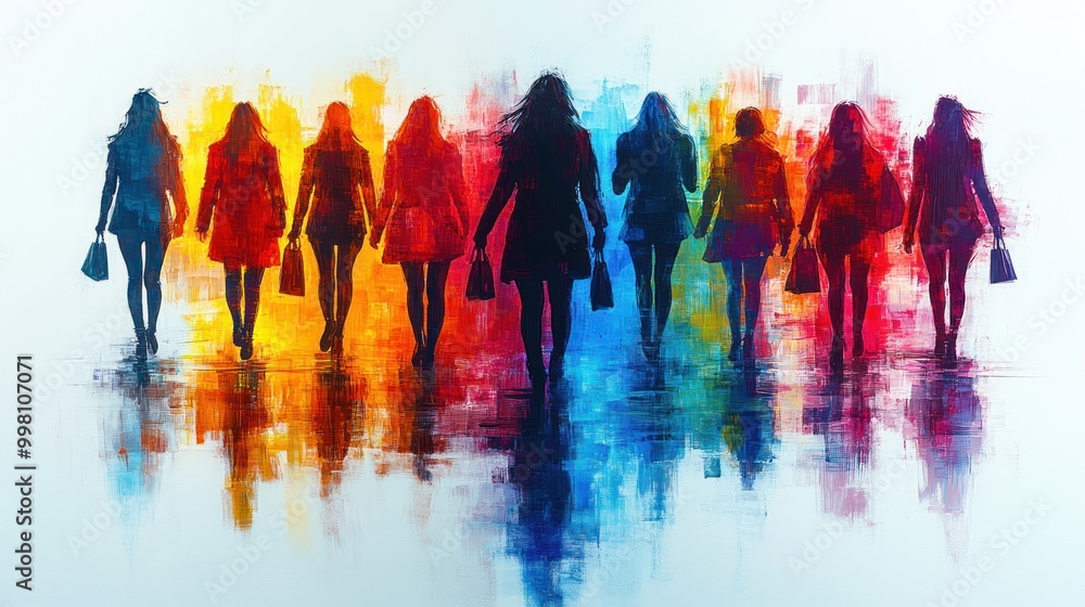 Wall mural Silhouette of women walking in a row with shopping bags, painted with bright colors.