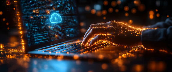 Cybersecurity Concept with Hands Typing on a Laptop Keyboard Surrounded by Digital Data and Security Icons, Representing Information Security, Online Protection, and Data Encryption