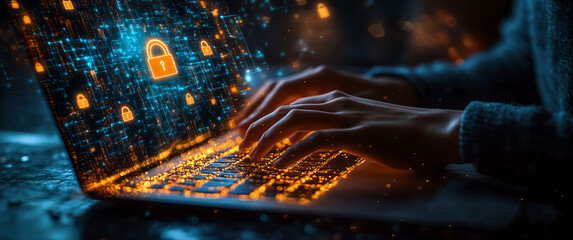 Cybersecurity Concept with Hands Typing on a Laptop Keyboard Surrounded by Digital Data and Security Icons, Representing Information Security, Online Protection, and Data Encryption