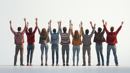 Fototapeta premium Celebrating Unity and Joy A diverse group of people stand back-to-back with their arms raised in celebration. The image symbolizes unity, teamwork, and success.