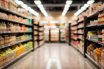 Fototapeta premium Supermarket aisle with shelves full of food products, shallow depth of focus