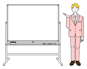 ホワイトボードの横に立ちプレゼンテーションをしているスーツ姿の男性のイラスト ベクター